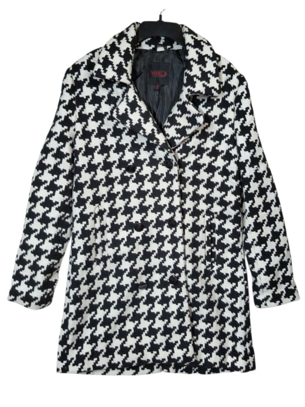 Yoki Women's Medium Black White Houndstooth Peacoat Wool Blend Double Breasted